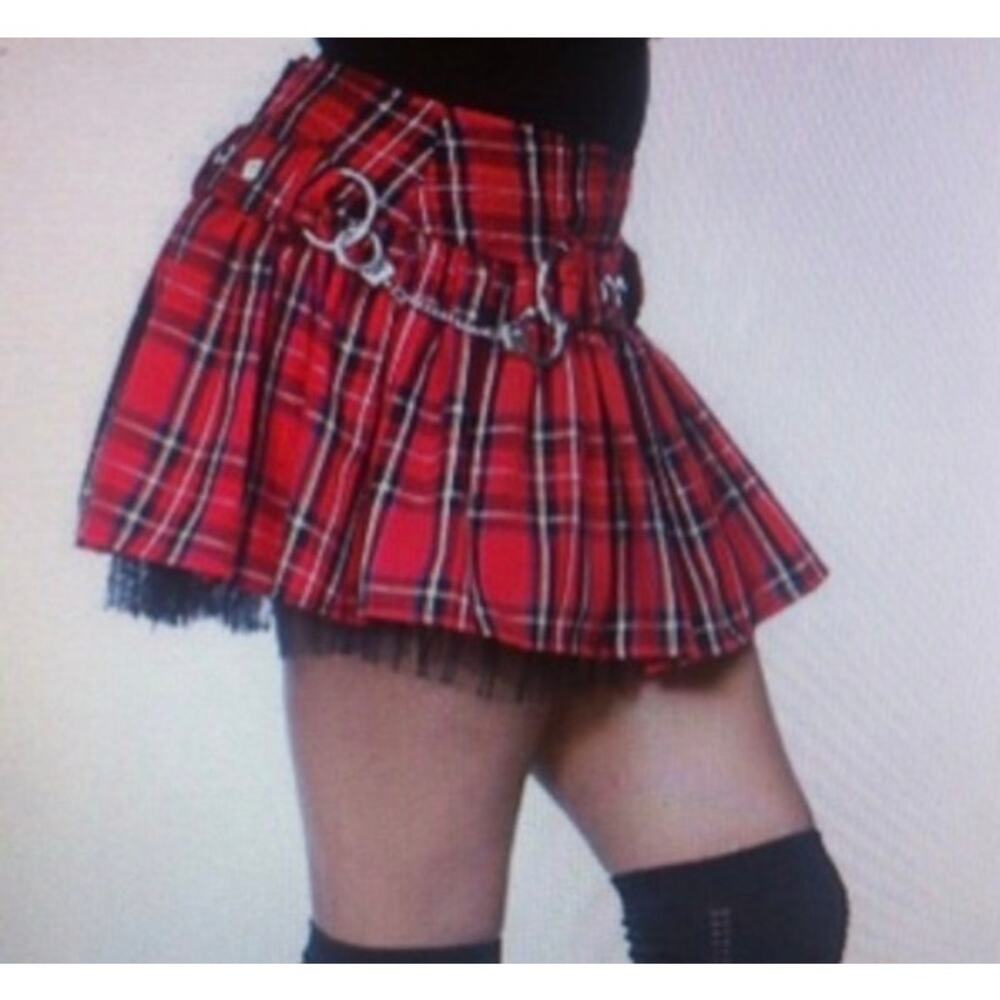 Hell Bunny Tartan Mini Skirt with Black Tulle Underskirt Hand Cuffs, XL
